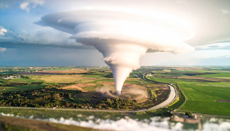 An awe-inspiring aerial perspective captures the immense power of a massive tornado as it carves a path through a rural landscape.の素材