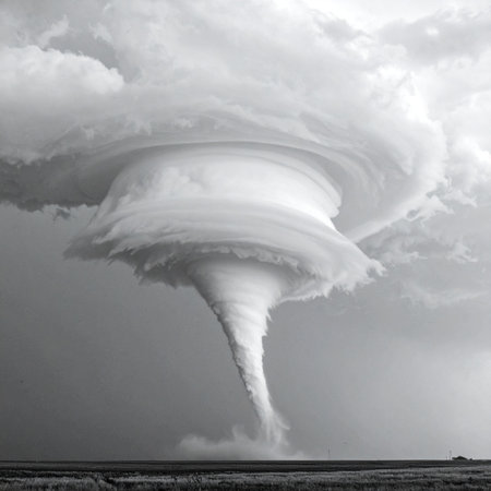A massive supercell thunderstorm unleashes its raw power, forming a powerful tornado that descends upon the flat, open landscape.の素材