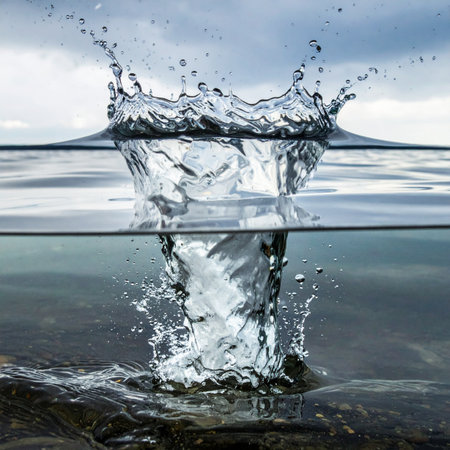 A sudden impact shatters the tranquil surface of the water, creating a dramatic, crown-shaped splash that freezes a moment of pure energy and motion.の素材