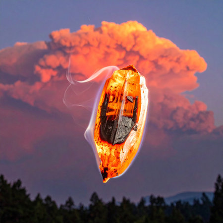 A surreal and thought-provoking scene where a modern car is impossibly trapped within a massive piece of ancient amber, floating against a dramatic, fiery sky.の素材
