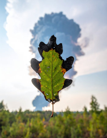 A single green oak leaf is held up, a fragile symbol of nature's resilience against a backdrop of a massive smoke plume.の素材