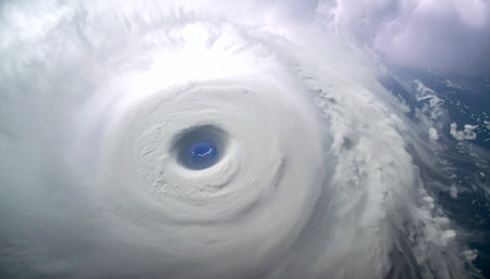 An awe-inspiring aerial perspective looking directly into the calm, blue eye of a massive hurricane.の素材