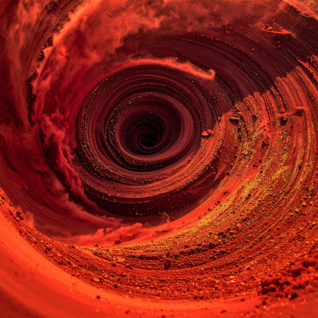 A powerful, swirling vortex of red and orange particles descends into a mysterious dark abyss.の素材