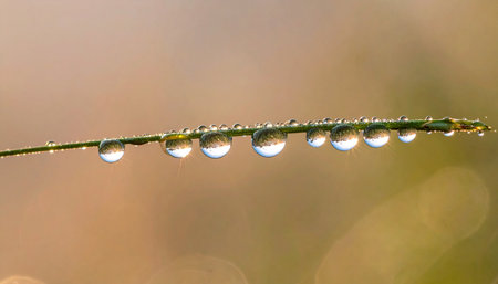 A perfect line of glistening dew drops clings delicately to a single blade of grass, illuminated by the soft, warm glow of the morning's first light.の素材