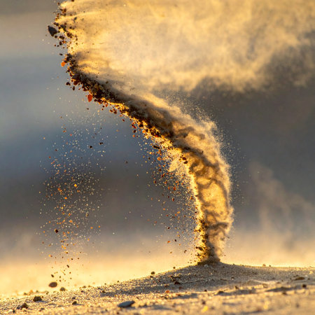 A powerful vortex of dust and sand erupts from the arid ground, captured in the warm glow of sunset.の素材