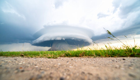A powerful, rotating supercell thunderstorm dominates the sky over a vast rural landscape.の素材