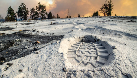 A single boot print marks the first human step onto a desolate landscape covered in fresh volcanic ash.の素材