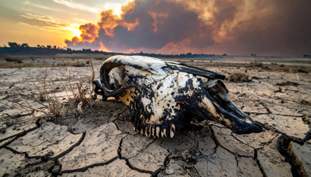 A lifeless bird lies on the parched, cracked earth, a tragic victim of a severe drought.の素材