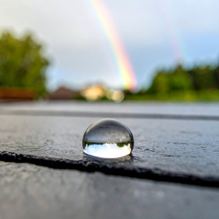 A single, perfect water droplet captures a world of hope, reflecting a vibrant rainbow that appears in the sky after a passing storm.の素材