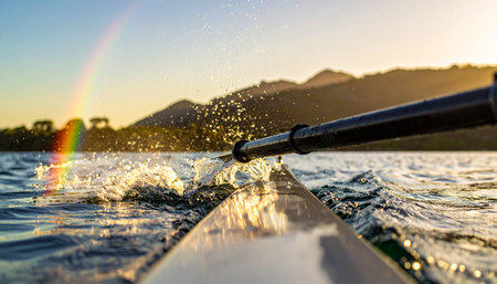From a first-person perspective, the bow of a kayak cuts through calm water during a stunning golden hour.の素材