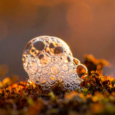 A delicate cluster of iridescent bubbles rests on a textured, natural surface, capturing the warm, ethereal glow of the golden hour.の素材