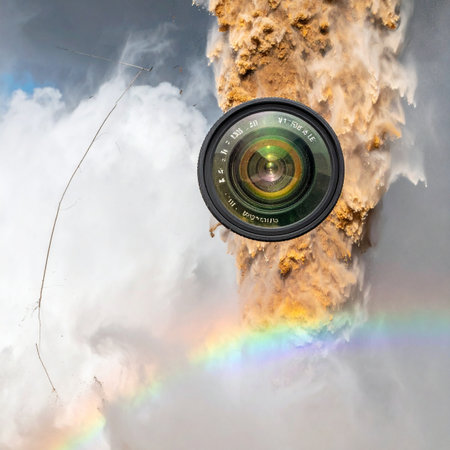 In a moment of cosmic chaos, a lone camera lens floats, perfectly focused on the heart of a celestial explosion.の素材