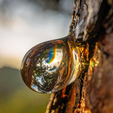 A perfect, glistening drop of golden resin clings to the rough bark of a pine tree.の素材