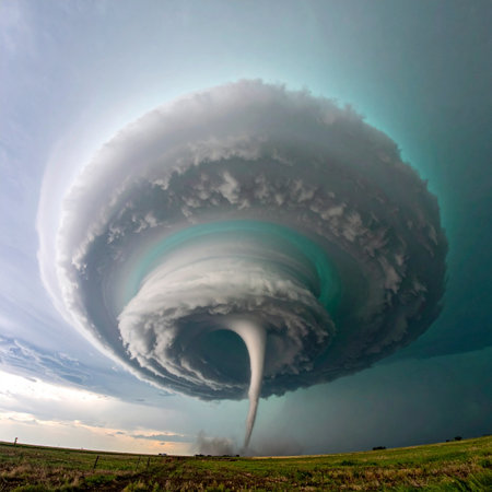 A breathtaking and terrifying display of nature's raw power as a colossal supercell thunderstorm dominates the sky over a vast plain.の素材