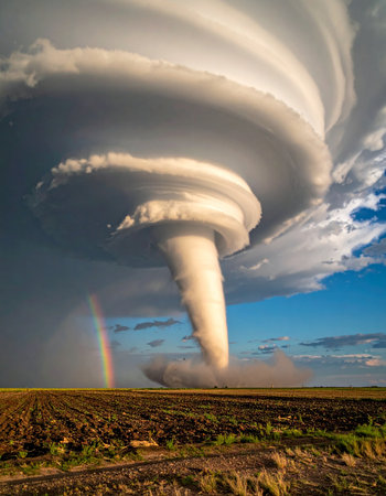 A breathtaking and terrifying display of nature's power as a massive supercell tornado descends upon a rural field.の素材