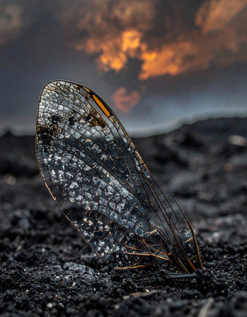 A single, iridescent insect wing rests upon dark, ashen ground, a delicate remnant of life against a desolate landscape.の素材