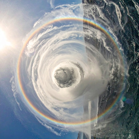 From the quiet vantage point of space, a majestic and powerful hurricane churns below.の素材
