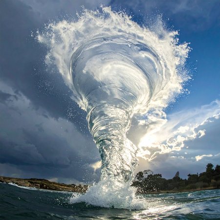 A colossal vortex of water erupts from the turbulent ocean, twisting towards a dramatic, sunlit sky.の素材