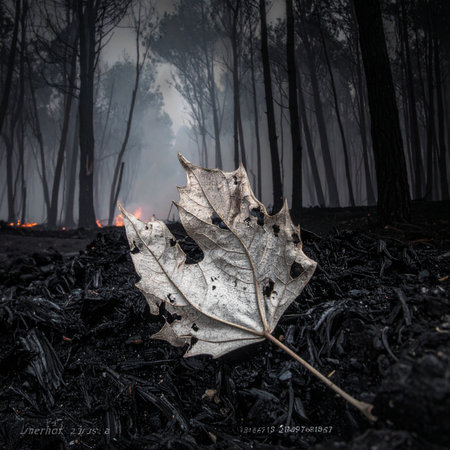 A single, silver-hued leaf rests on the charred ground of a dark, smoldering forest.の素材