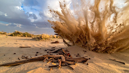 A powerful explosion of sand erupts from the desert floor, freezing a moment of chaotic energy against a dramatic, cloudy sky.の素材