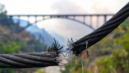 A close-up view captures the critical moment of failure as a thick steel support cable frays and snaps under immense pressure.の素材