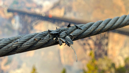 A macro shot captures the critical moment of failure as a thick steel cable frays under immense pressure. Individual strands have snapped, signaling imminent danger and structural collapse.の素材