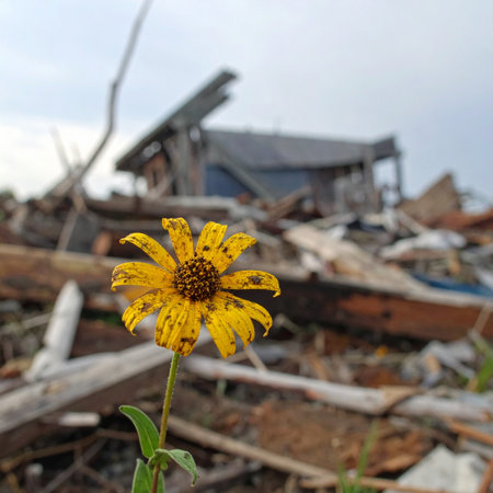 A single, vibrant yellow flower stands as a powerful symbol of hope and rebirth, blooming defiantly amidst the blurred wreckage and devastation of a disaster zone.の素材