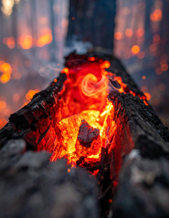 A mesmerizing close-up captures the intense, glowing heart of a fire.の素材