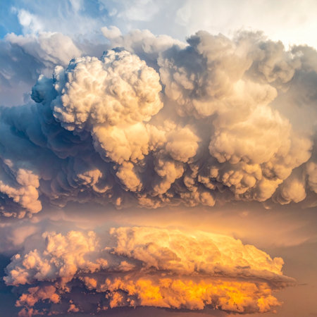 A colossal plume of smoke and ash explodes upwards, painting the sky with fiery oranges and billowing greys.の素材