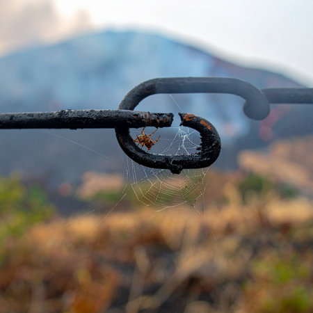 A weathered iron chain link strains to the breaking point, symbolizing a fragile connection under immense pressure.の素材