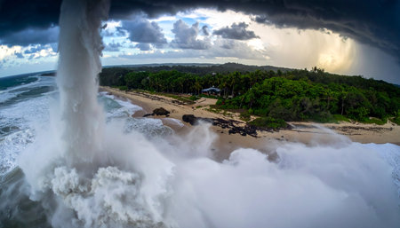 A terrifying and majestic waterspout churns the ocean surface, its powerful vortex touching down near a tranquil tropical coastline.の素材