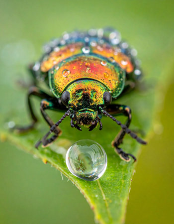 In the quiet of the early morning, a colorful beetle is covered in glistening dewdrops.の素材
