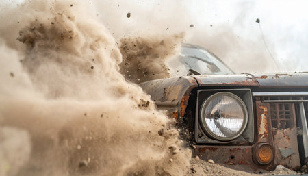 A powerful 4x4 vehicle explodes through a muddy trail, sending a massive wave of dirt and water into the air.の素材