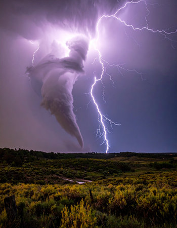 A breathtaking and terrifying display of nature's raw power as a massive supercell thunderstorm unleashes a twisting tornado and a brilliant bolt of lightning simultaneously over a remote, wild lands.の素材