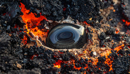 A camera lens, a tool for capturing moments, is consumed by intense heat and glowing embers.の素材