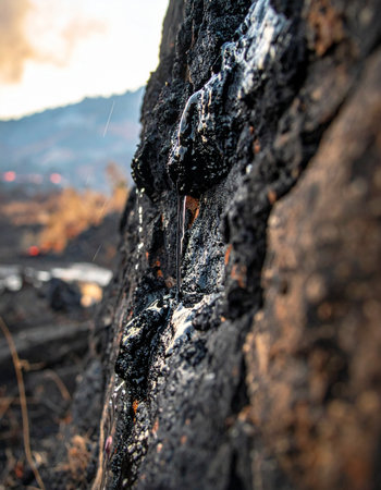 A macro photograph captures the raw, elemental beauty of nature. Golden, viscous resin slowly oozes down the dark, textured surface of a rock, glistening in the soft light.の素材