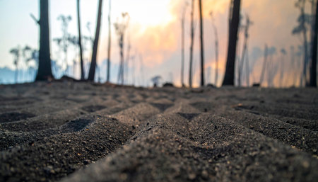 A low-angle perspective captures the textured forest floor as the last light of a warm sunset filters through silhouetted trees in the background.の素材