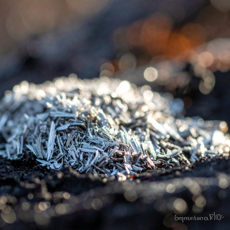 A macro view captures a delicate pile of dried herbs, glistening as they catch the warm, golden light of a rising or setting sun.の素材