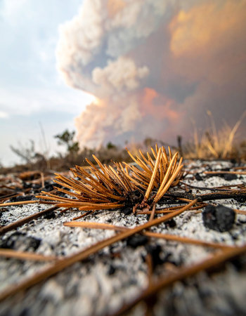 From a low-angle perspective, dry pine needles lie scattered on the ashen ground, serving as the perfect tinder for the massive, uncontrolled wildfire raging in the background.の素材