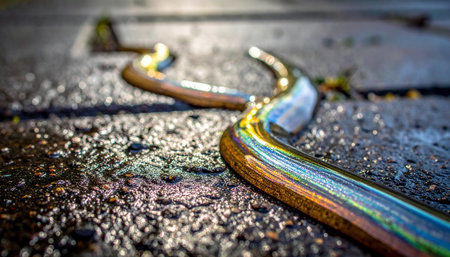 A heavy-duty industrial hook rests on a rough, dark surface, its metallic form catching the light to reveal a surprising and beautiful iridescent rainbow sheen.の素材