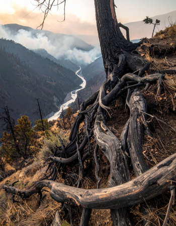 From a precarious perch high on a mountainside, the ancient, gnarled roots of a resilient tree grip the earth.の素材