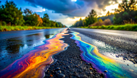 A vibrant, iridescent oil slick creates a stunning rainbow on the wet asphalt after a recent rainstorm.の素材