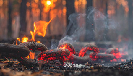 As twilight settles over the forest, the heart of the campfire glows with intense warmth.の素材