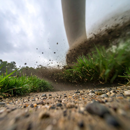 From a dramatic low angle, a single powerful step lands on a gravel path, kicking up dirt and grass.の素材