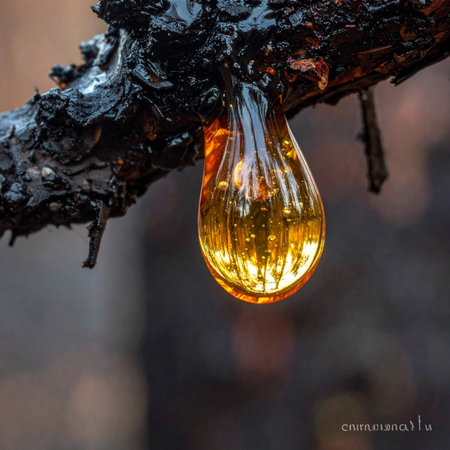 A perfect teardrop of golden amber resin clings to a dark, weathered branch, glowing from within as if capturing the last rays of sunlight.の素材