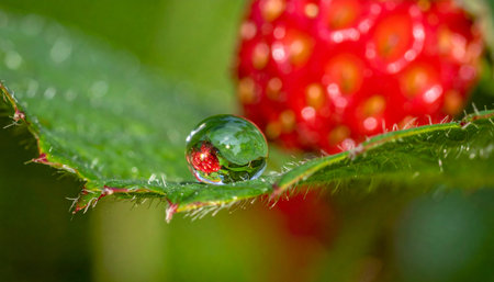 A perfect, spherical water droplet rests delicately on a vibrant green leaf, acting as a natural lens.の素材