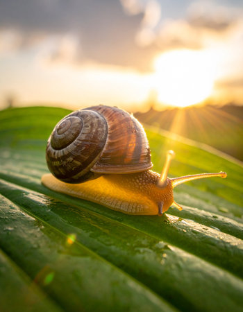 A tiny snail embarks on a slow, deliberate journey across a vibrant green leaf, bathed in the warm, ethereal glow of a setting sun.の素材