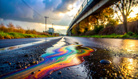 A vibrant, rainbow-colored oil slick shimmers on the wet asphalt of an urban road after a rainstorm.の素材