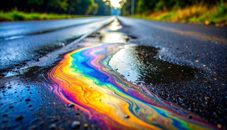 A vibrant, psychedelic rainbow of colors shimmers on the wet asphalt, a beautiful yet stark reminder of environmental pollution.の素材