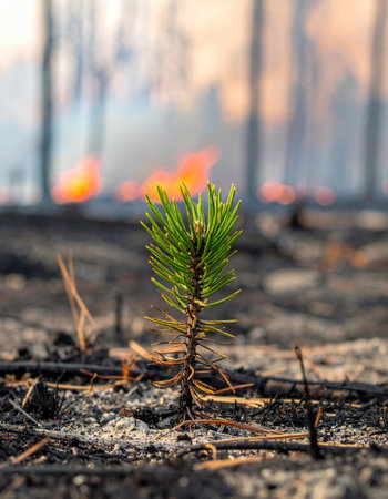 Amidst the smoldering ashes and devastation of a recent forest fire, a single, vibrant green sapling emerges from the scorched earth.の素材